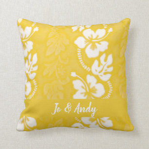 Yellow White Hawaiian Hibiscus Flower Pattern Cushion