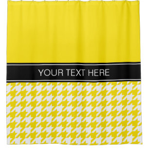 Yellow White Houndstooth CB Black Name Monogram Shower Curtain