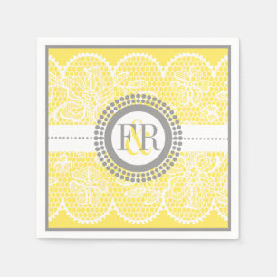 Yellow, white lace pattern wedding napkin