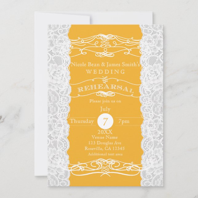 Yellow & White Lace Wedding REHEARSAL Invitations (Front)