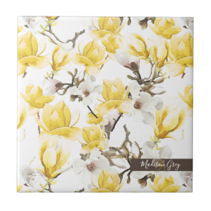 Yellow & White Magnolia Blossom Watercolor Pattern Ceramic Tile