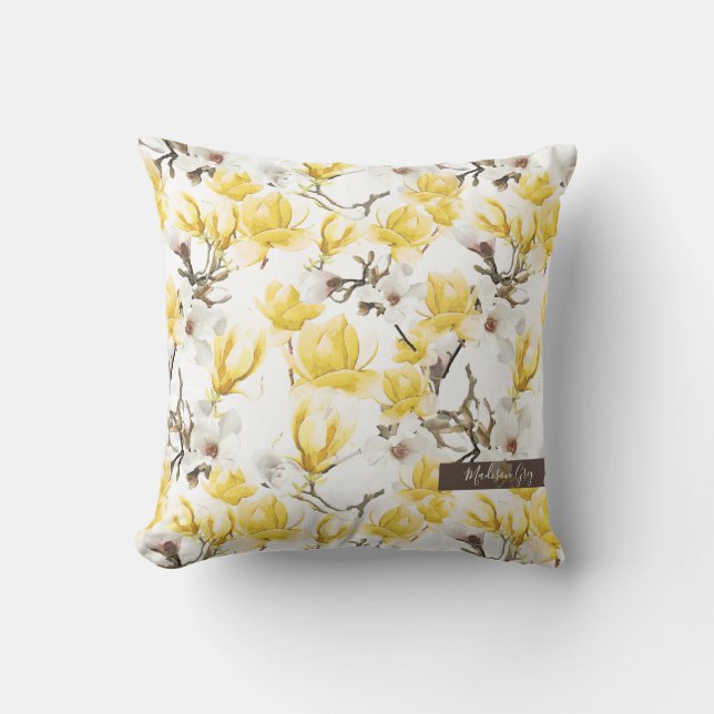 Yellow & White Magnolia Blossom Watercolor Pattern Cushion (Front)