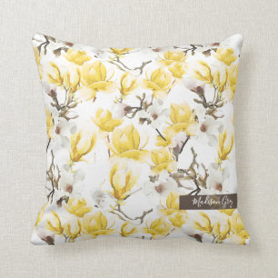 Yellow & White Magnolia Blossom Watercolor Pattern Cushion