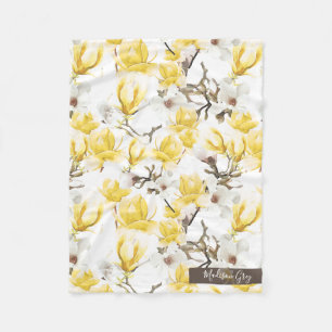 Yellow & White Magnolia Blossom Watercolor Pattern Fleece Blanket