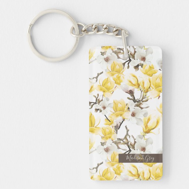 Yellow & White Magnolia Blossom Watercolor Pattern Key Ring (Front)