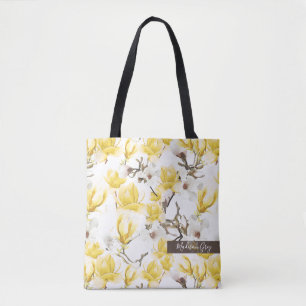 Yellow & White Magnolia Blossom Watercolor Pattern Tote Bag