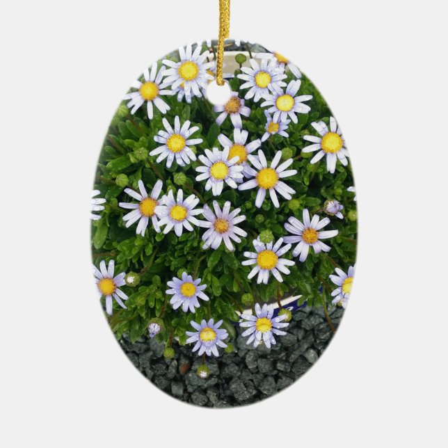 Yellow White Margarita Flowers with Grey Pebbles Ceramic Tree Decoration (Front)