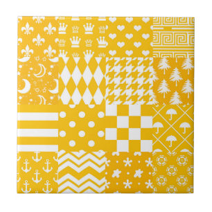 Yellow White Mixed Patterns Patchwork Design  Ceramic Tile