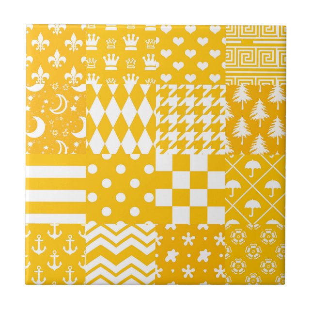 Yellow White Mixed Patterns Patchwork Design  Ceramic Tile (Front)
