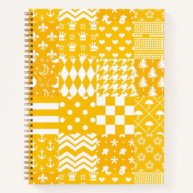 Yellow White Mixed Patterns Patchwork Design  Notebook (Front)