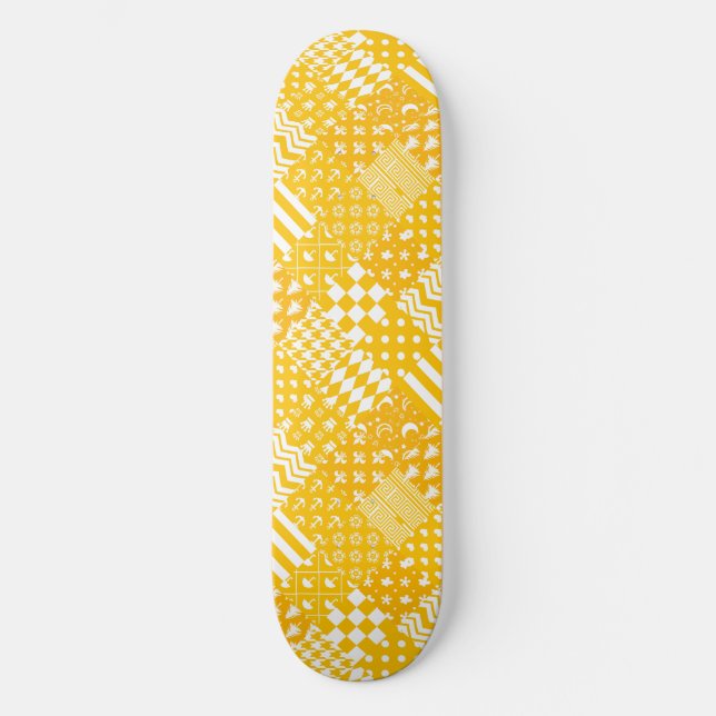 Yellow White Mixed Patterns Patchwork Design  Skateboard (Front)