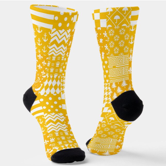 Yellow White Mixed Patterns Patchwork Design  Socks (Creator Uploaded)
