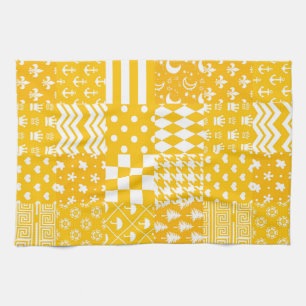 Yellow White Mixed Patterns Patchwork Design Tea Towel