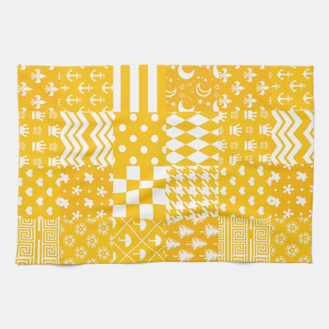 Yellow White Mixed Patterns Patchwork Design  Tea Towel (Horizontal)
