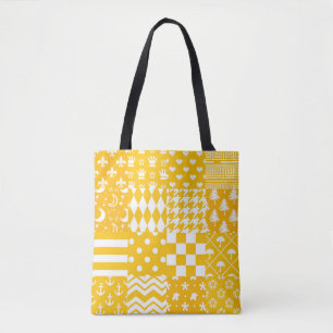 Yellow White Mixed Patterns Patchwork Design Tote Bag