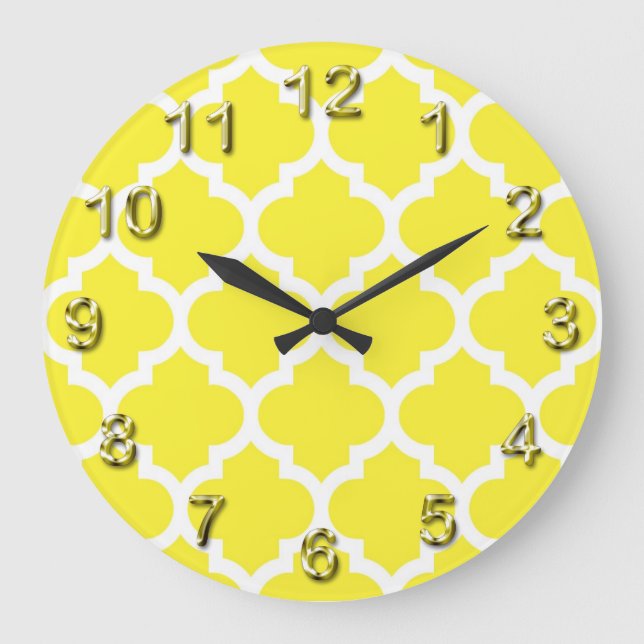 Yellow White Moroccan Quatrefoil Pattern #5 Large Clock (Front)