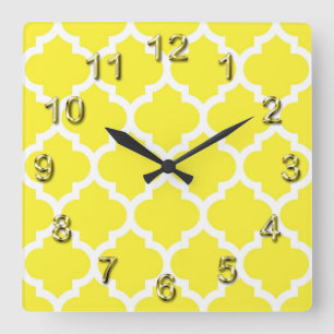Yellow White Moroccan Quatrefoil Pattern #5 Square Wall Clock