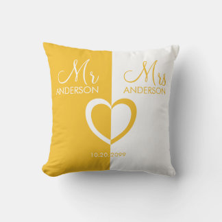 Yellow white Mr Mrs name heart wedding gift Cushion