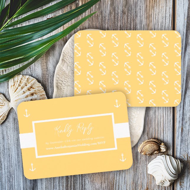 Yellow White Nautical Pattern Website Wedding RSVP Enclosure Card (Creator Uploaded)