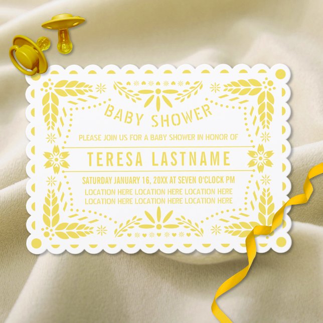 Yellow, white papel picado baby shower scalloped invitation (Creator Uploaded)