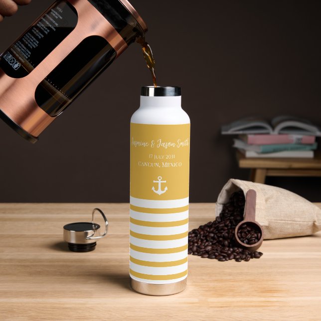 Yellow White Personalised Beach Wedding Favour   Water Bottle (Coffee)