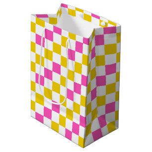Yellow White Pink Chequered Design Medium Gift Bag