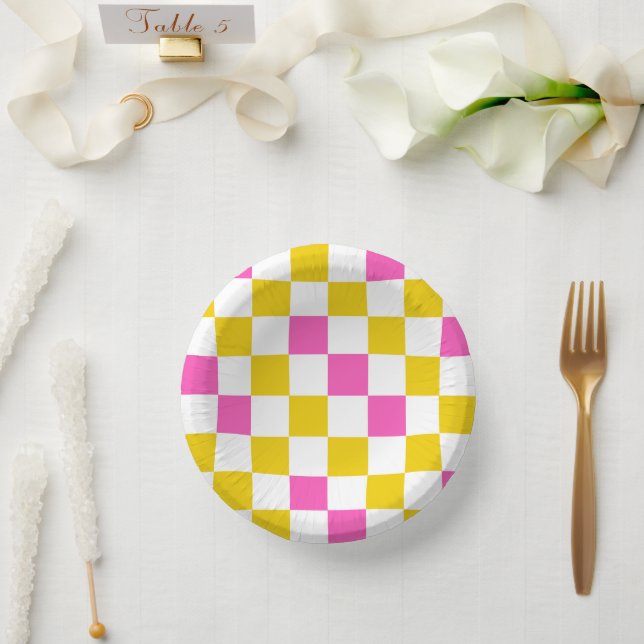 Yellow White Pink Chequered Design  Paper Plate (Wedding)