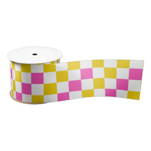 Yellow White Pink Chequered Design  Satin Ribbon