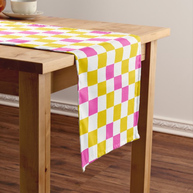 Yellow White Pink Chequered Design  Short Table Runner (In Situ)