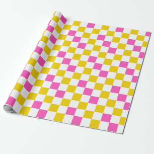 Yellow White Pink Chequered Design Wrapping Paper