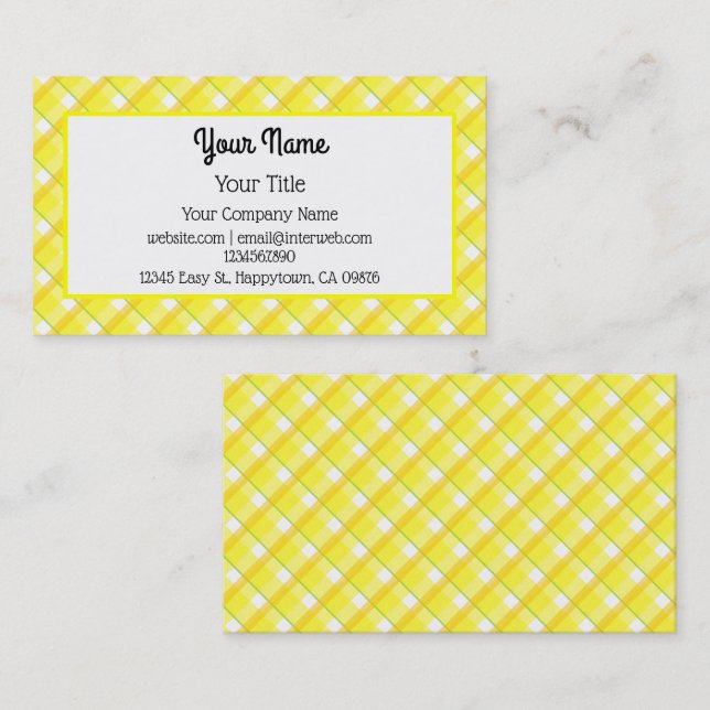 Yellow White Plaid Pattern Editable Business Card (Front/Back)