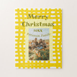 Yellow white plaid retro Christmas holiday family Jigsaw Puzzle