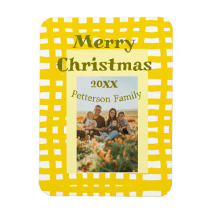 Yellow white plaid retro Christmas holiday family Magnet