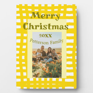 Yellow white plaid retro Christmas holiday family  Plaque