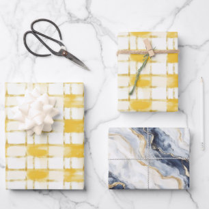 Yellow White Plaid Stripes Blue White Birthday Wrapping Paper Sheet