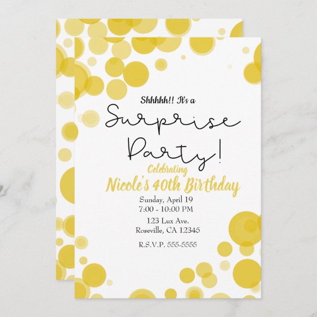 Yellow & White Polka Dot Bubbles Surprise Party Invitation (Front/Back)