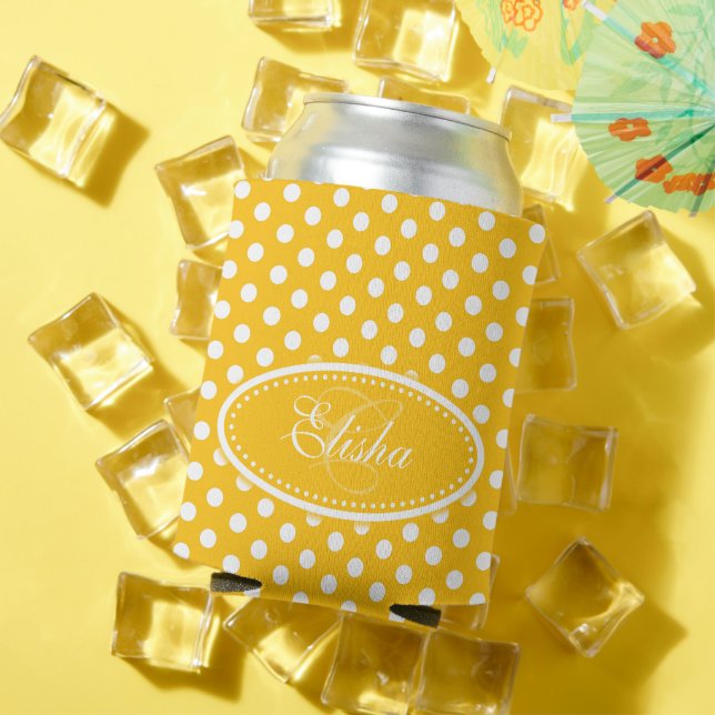 Yellow & white polka dot personalised  can cooler (In Situ Summer)
