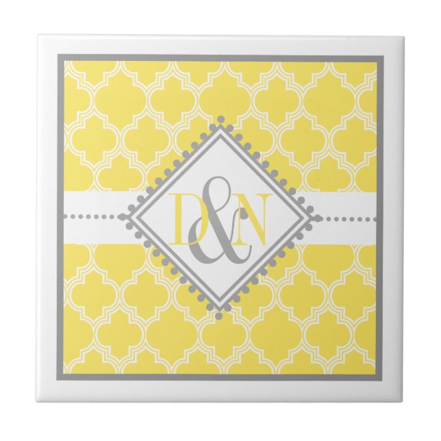 Yellow, white quatrefoil monogram wedding keepsake tile (Front)