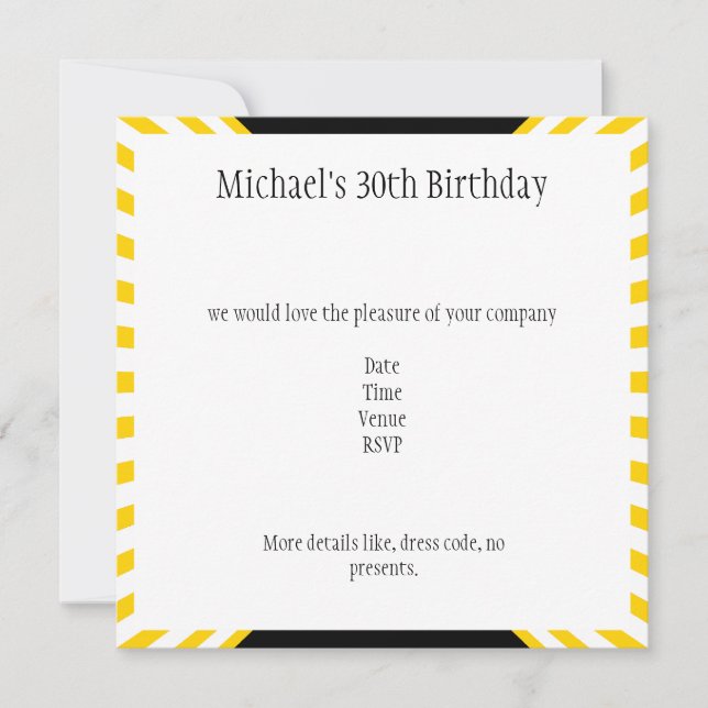 Yellow & White Retro Stripes with Black Birthday Invitation (Front)