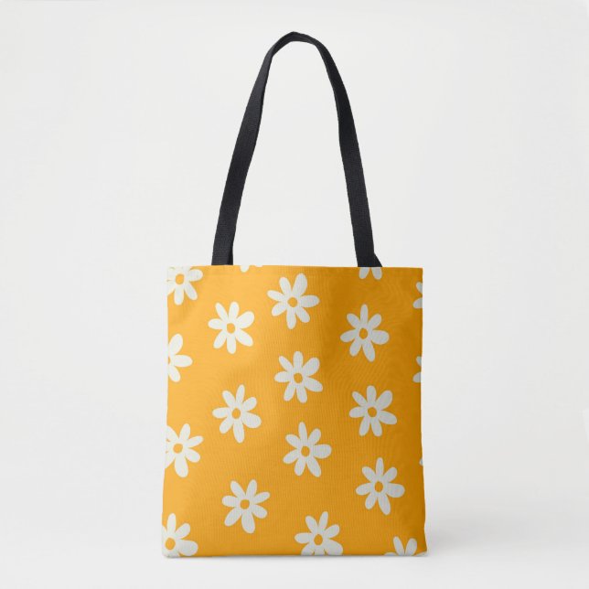 Yellow White Retro Y2K Flower Pattern Tote Bag (Front)