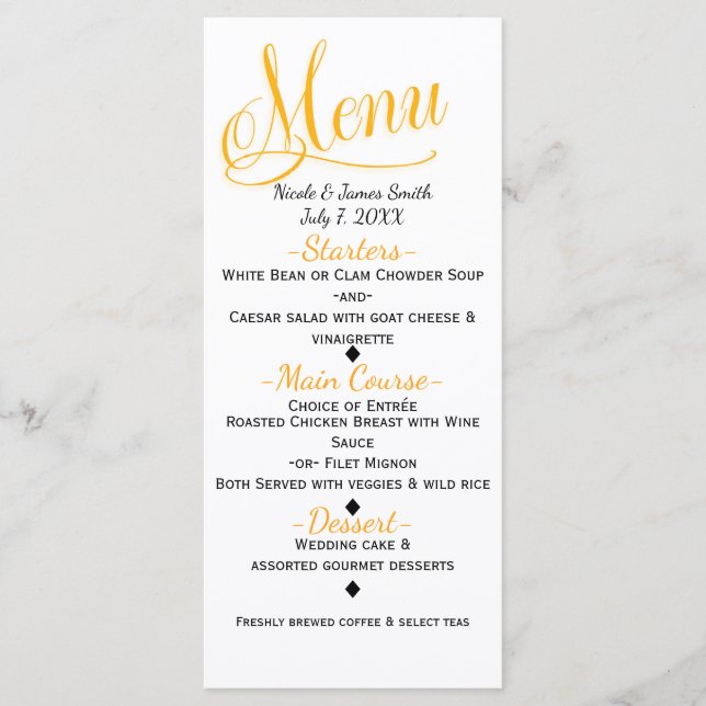 Yellow & White Simple Elegant Wedding Menu Card (Front)