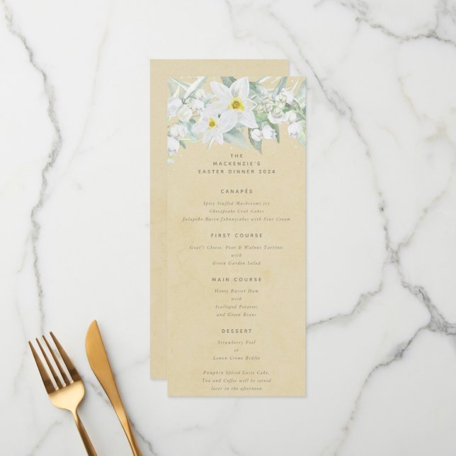 Yellow White Spring Florals Flat 4 Course Easter Menu (Front/Back In Situ)