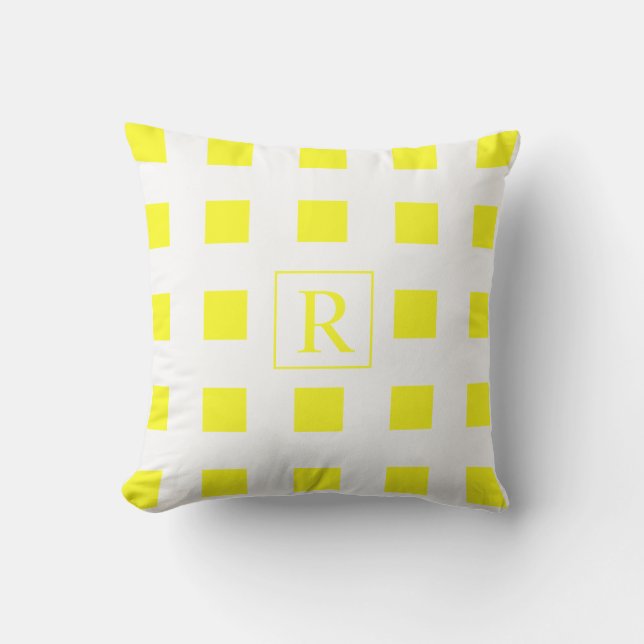 Yellow White Square Geometric Patterns Monograms Cushion (Front)