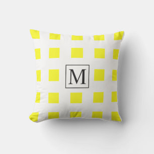 Yellow White Squares Patterns Monogram Initials  Cushion