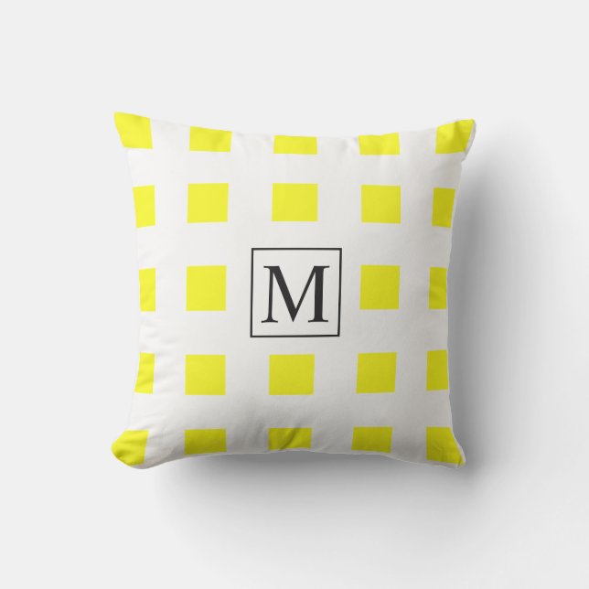 Yellow White Squares Patterns Monogram Initials  Cushion (Front)
