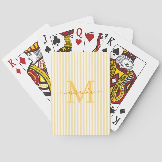 Yellow & White Striped Monogram Name Playing Cards (Back)