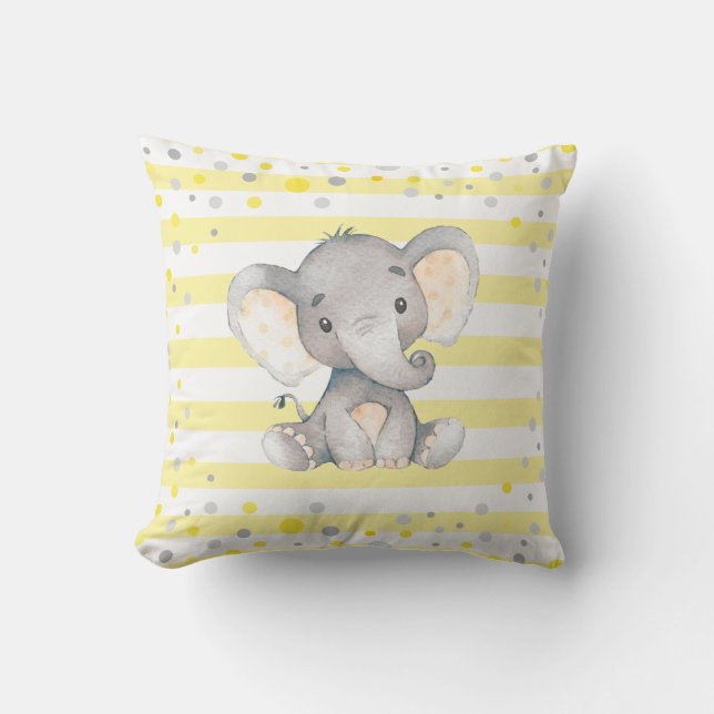 Yellow White Stripes Elephant Baby Shower Nursery Cushion (Front)