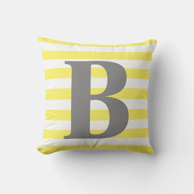 Yellow White Stripes Monogram Initial Square Cushion (Front)