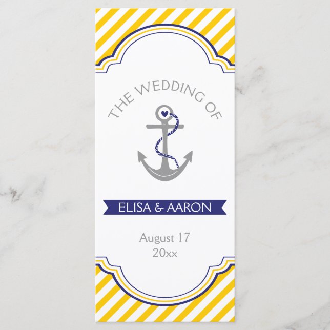 Yellow white stripes navy nautical wedding program (Front)