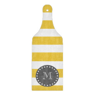 Yellow White Stripes Pattern, Charcoal Monogram Cutting Board